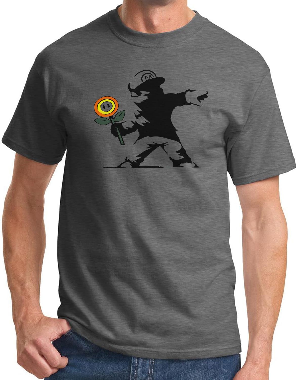 Mario Banksy Power Up T-Shirt Grey Gaming Nerd Geek T Shirt