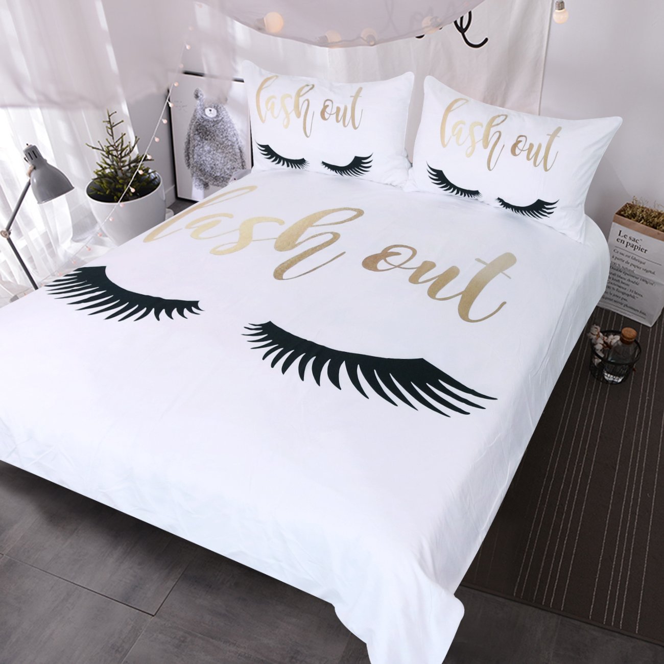 BlessLiving Eyelash Bedding Gold and Black Cute Eyes Pattern Quilt Cover Set 3 Piece Funny Duvet Cover for Fashion Girls(Double)