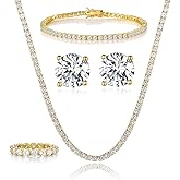 Gemsme 18K White Gold Plated Tennis Necklace/Bracelet/Earrings/Band Ring Sets Hypoallergenic Jewelry Pack of 4