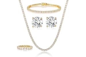 18K White Gold Plated Tennis Necklace/Bracelet/Earrings/Band Ring Sets Hypoallergenic Jewelry Pack of 4