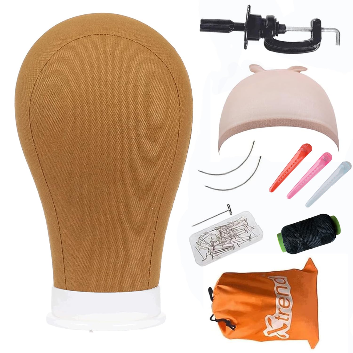 XTREND 23" Poly Canvas Block Head Professional Brown Mannequin Canvas Head for Making/Drying/Styling Wigs with Table Clamp Stand and T Pins