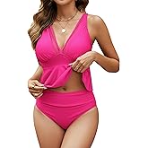 Edelqual Womens Swimsuits Tankini Two Piece Bathing Suits Tummy Control High Waisted Bikini Set 2025 Ruffled Swimwear