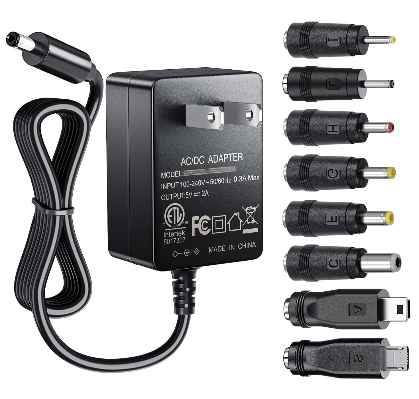 Photo 1 of SoulBay 5V 2A Power Supply Adapter 10W AC100-240V to DC 5 Volt 2Amp Versatile Charger Cord with 8 Plugs for USB Hub TV Box Tablet Camera Speaker GPS Webcam Router and More 5vdc Electronics, 5FT