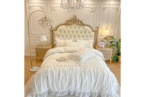 MOOWOO Chic Ruffle Lace Queen Duvet Cover Set-Princess Girl Bedding-3 Piece Comforter Duvet Cover with Zipper Closure,Coquette Room Decor-White,Queen Size