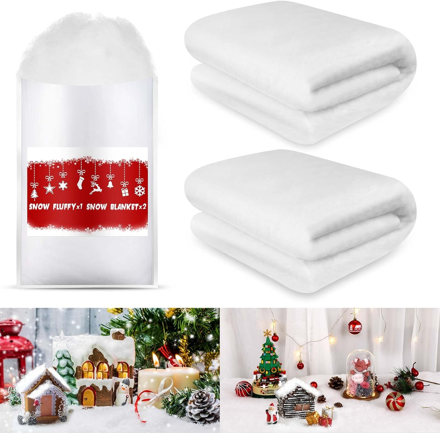 Artificial Snow - BESTEEL 2 Pack Christmas Snow Roll 3 Foot X 8 Foot Artificial Snow Blankets + 18OZ Christmas Fake Snow Decor Artificial Snow for Christmas Decorations Mantle Christmas Village Display Like Fluffy Snow
