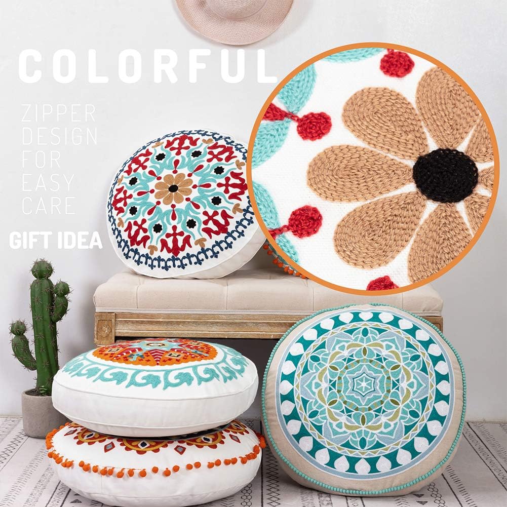 Colorful Bohemian Embroidered Round Floor Cushion, Modern Home Décor Pillow for Meditation, Yoga, and Boho Chic Seating Area Floor Pillow – Accent Your Living Room, Bedroom (18 inch Approx): Home & Kitchen