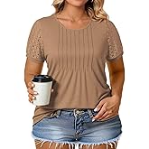 VISLILY Womens-Plus-Size-Summer-Tops Dressy Lace T Shirts Trendy Short Sleeve Blouses Flowy Pleated Crewneck Tunics XL-5XL