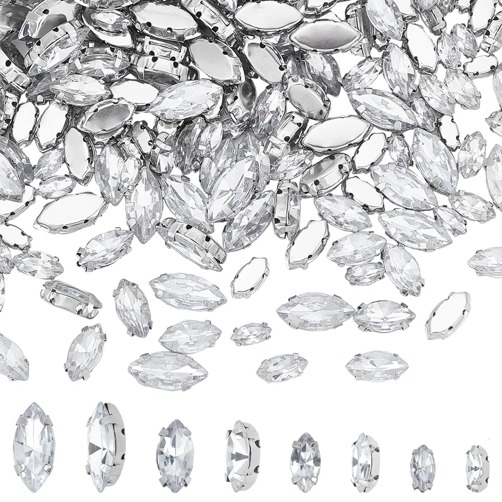 PH PandaHall 200pcs 4 Sizes Sew on Horse Eye Faceted Glass Rhinestone Flatback Crystal Rhinestones with Brass Findings 4-Hole Bead Charm for Clothing Wedding Dress Decoration, Clear