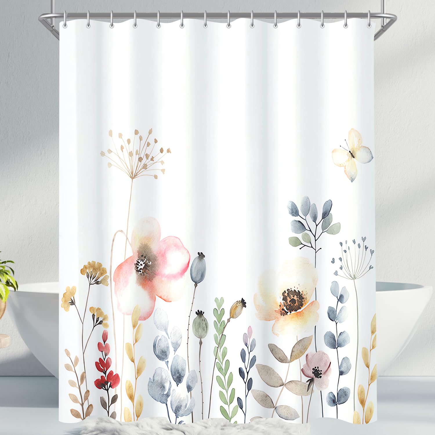 Lerores Shower Curtain 100 x 200 cm, Flowers Plant Weighted Hem Anti-Mould Textile, Water-Repellent, Washable Polyester Fabric Bath Curtains for Bathroom, Bath with 8 Shower Curtain Rings — image 1