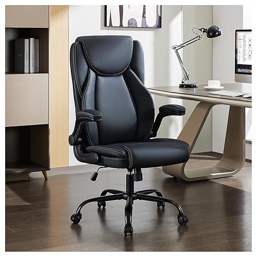 amseatec Office Chair, Big and Tall 400 Lbs Ergonomic Home Computer Desk Leather Chair with Padded Flip Arms, Adjustable Tilt Lock, Double Lumbar Support, Swivel Chair for Working & Study(Black)
