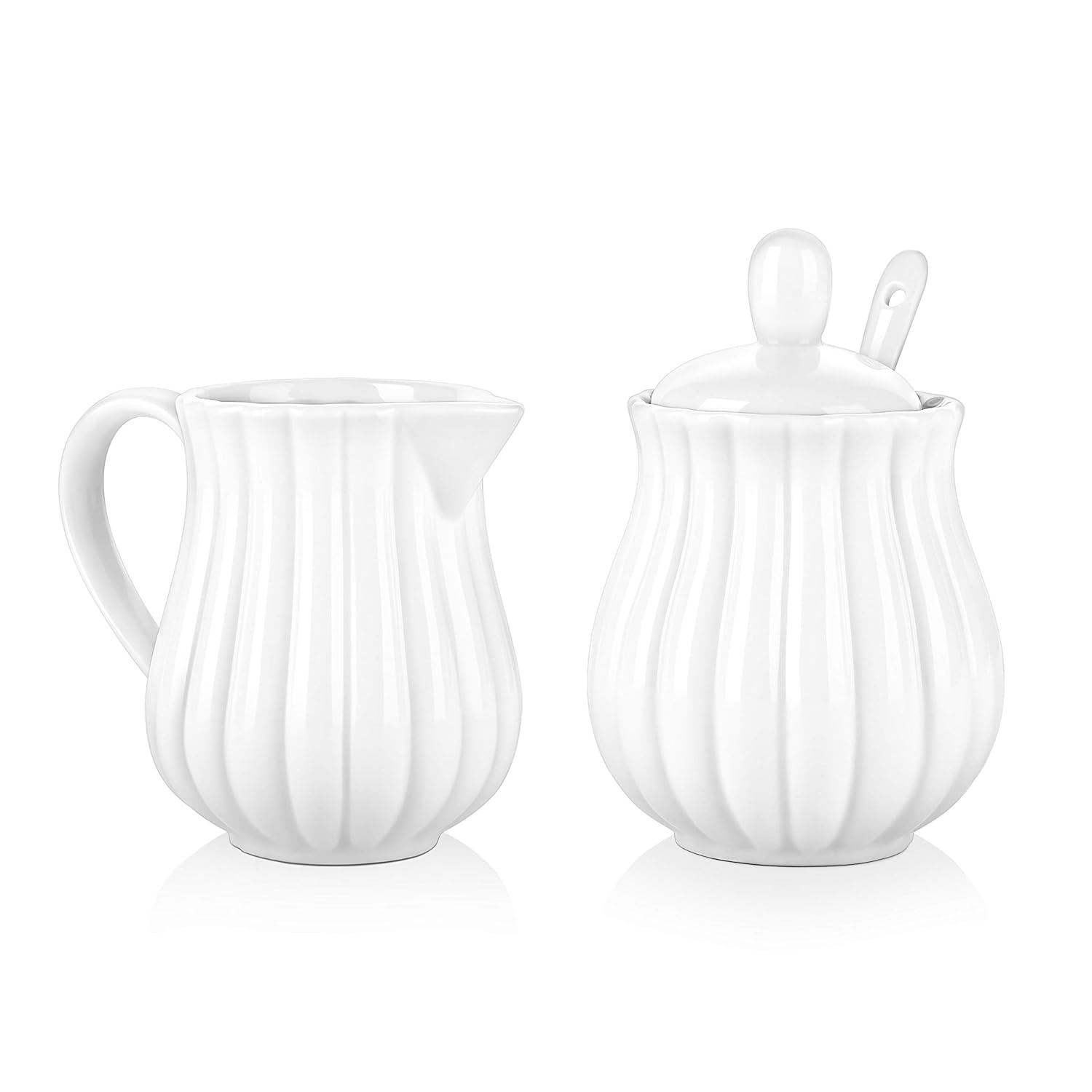 DOWAN Sugar and Creamer Sets for Coffee, Tea, 3 Piece Set with Sugar Bowl, Cream Pitcher, Spoon, Ceramic Set with Lid, White