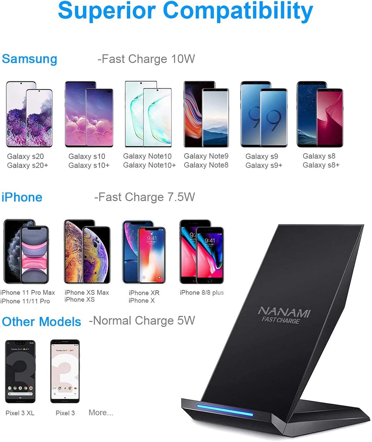 Wireless Charger for Samsung and iPhone NANAMI Fast Cordless Charging Stand for iPhone 17 16 15 14 13 12 11 X XS XR XS Max - Image 4