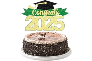 YUINYO Glitter Congrats 2025 Cake Topper, Class of 2025 Cake Decorations, Congrats Grad Party Decor, High School/College/University Graduation Party Decorations (Green gold)