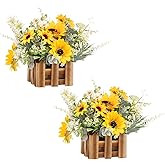 WELL KNOWN Artificial Sunflower Plants in Wooden Baskets, Faux Sunflower and Mini Wild Flowers Arrangement in Planter for Home Hotel Office Table Centerpieces & Gift (Set of 2)