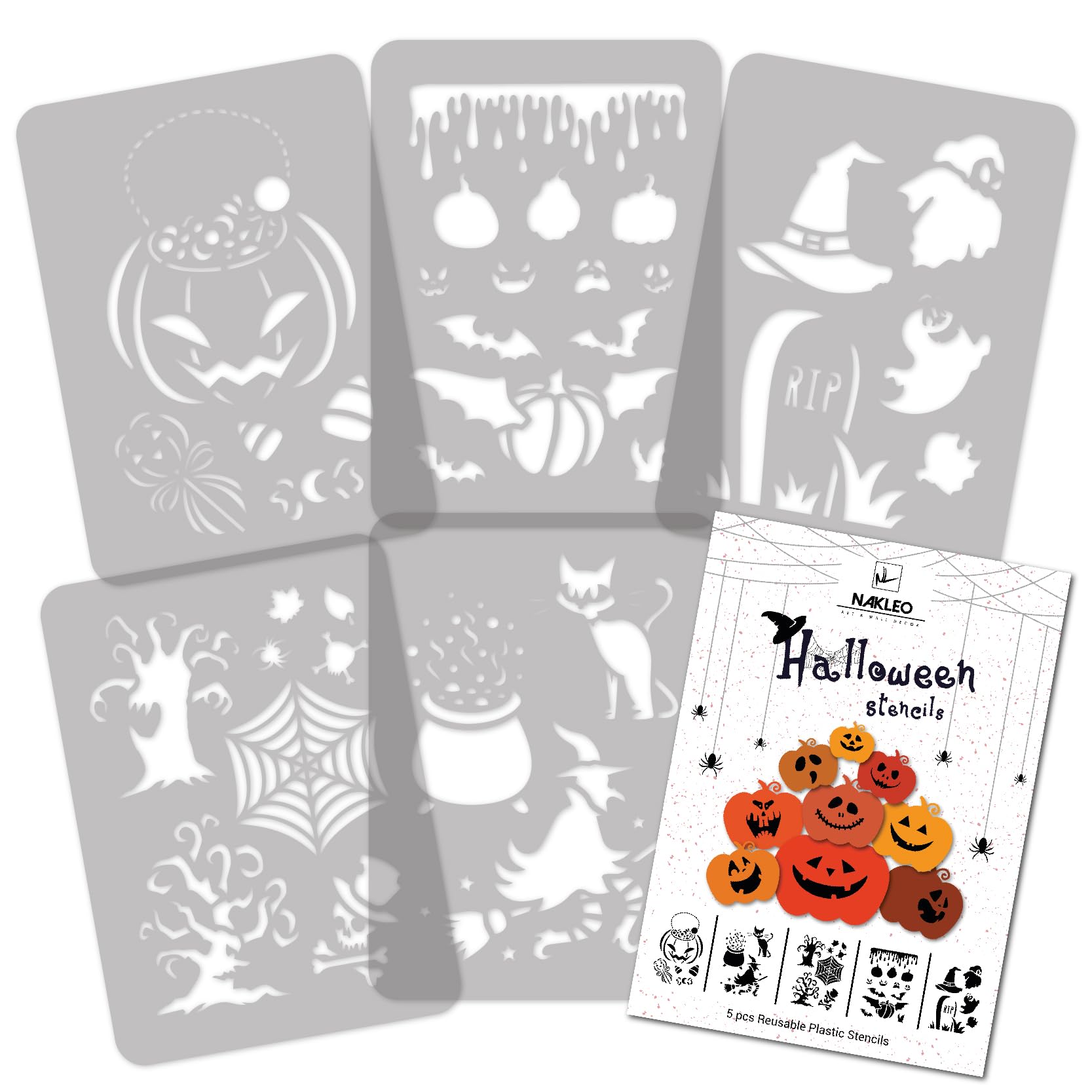 NAKLEO Halloween Painting Stencils Set, 5 Pcs 21x30cm Pumpkin Tree Cat Witch Bat, Plastic and Reusable Drawing Templates, Children Room Decor, Craft DIY Wall Furniture Paper Wood