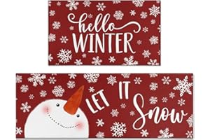 SDHINLWO Let It Snow Snowman Snowflake Winter Christmas Decorative Kitchen Mats Set of 2, Home Party Low-Profile Kitchen Rugs,Red Christmas Kitchen Mats for Floor 17x30+17x47 Inch