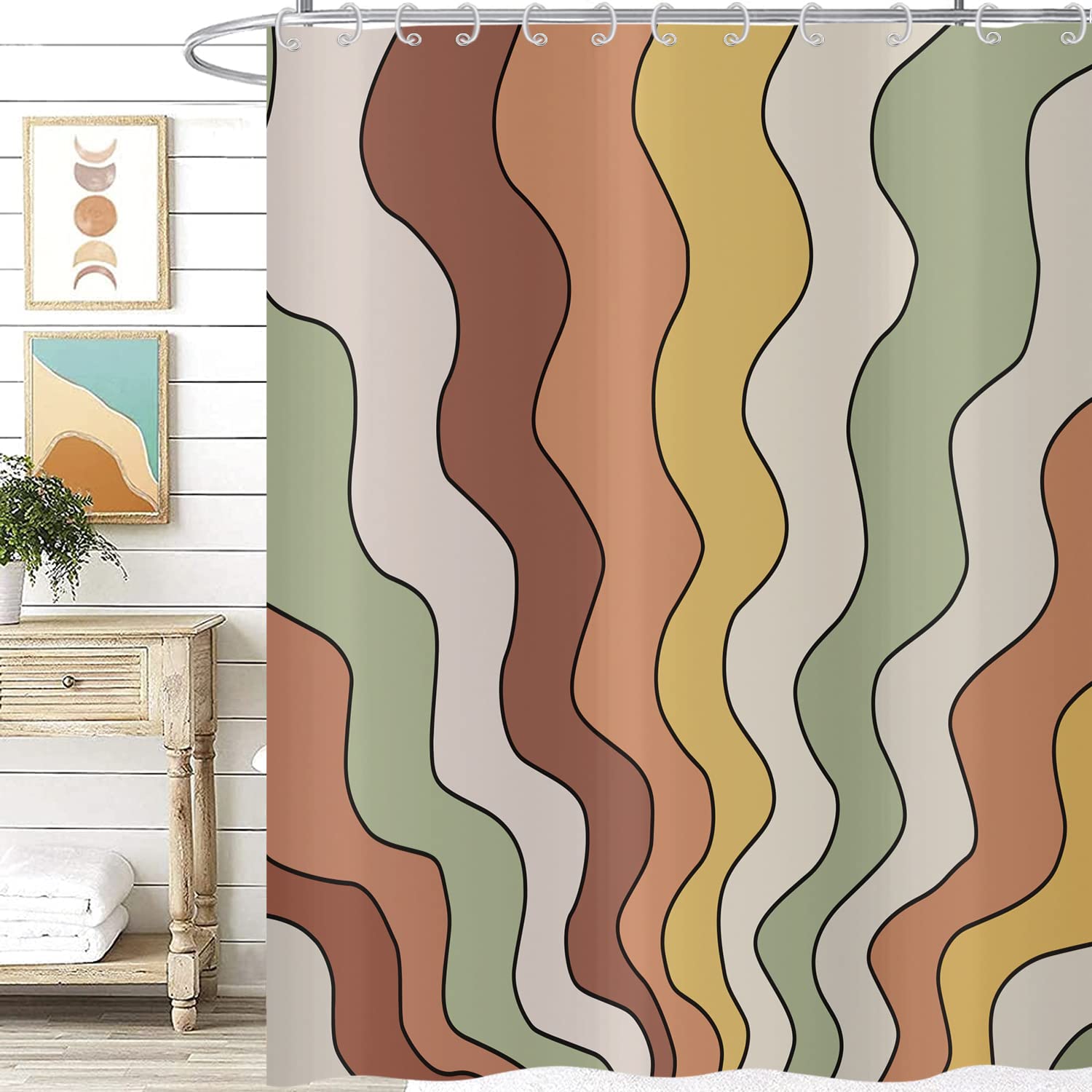 Retro Vintage Groovy Shower Curtain 180x180, Hnmdmyi Aesthetic Colorful Orange Yellow Green Hippie Trippy Mid Century Abstract Art Bathroom Curtains Waterproof Fabric Washable Bath Curtains with Hooks