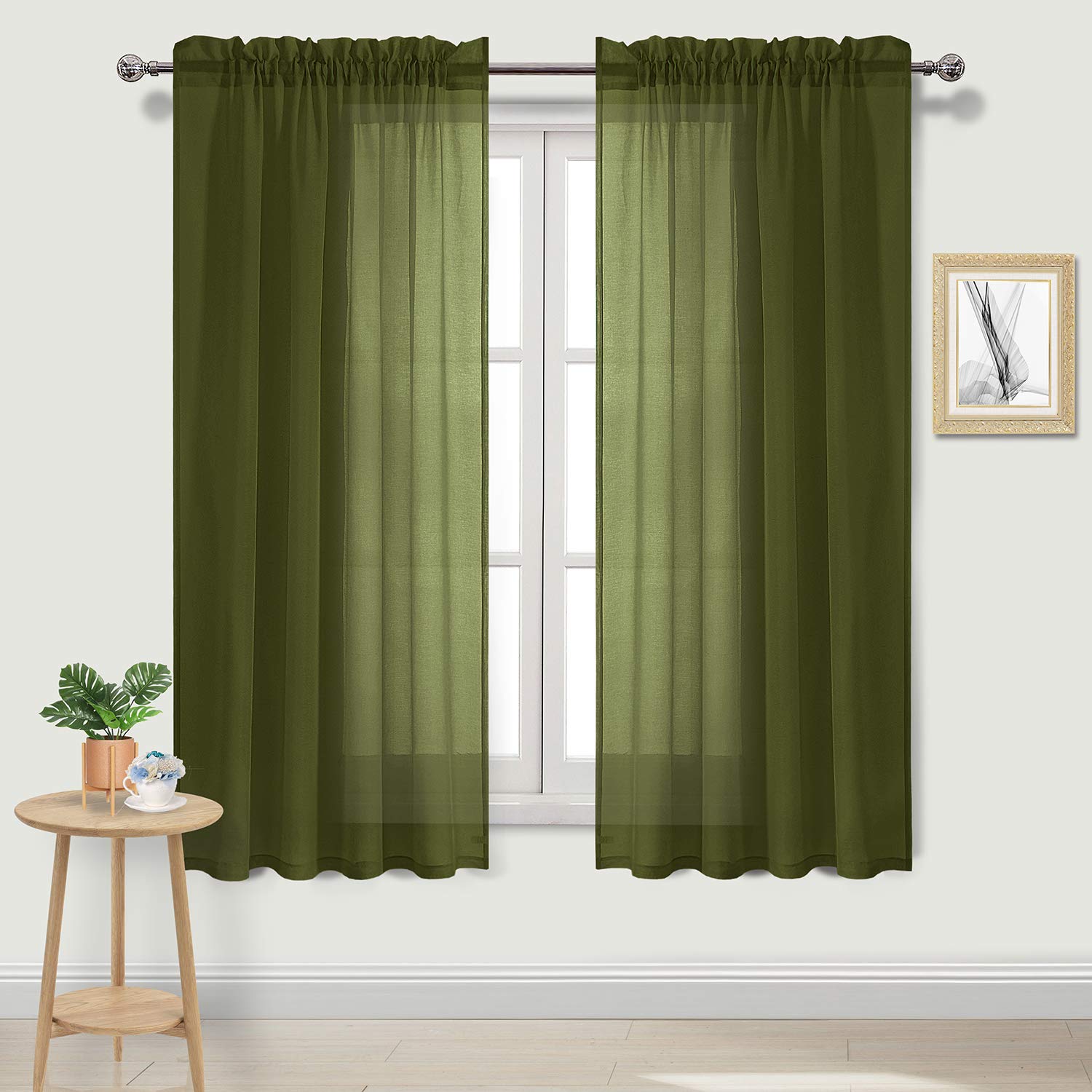 DWCN Linen Effect Sheer Curtains Rod Pocket for Living Room 52x63 inch Olive Green Set of 2