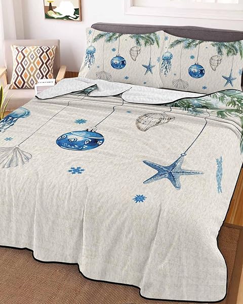 WOWOUHIYA KING QUILT SETS, BLUE COASTAL CHRISTMAS LIGHTWEIGHT BEDSPREADS WITH 2 PILLOW SHAMS, XMAS BOTANICAL STARFISH RUSTIC SOFT SUMMER BED COVERLETS 3 PIECES BEDDING SET FOR ALL SEASON