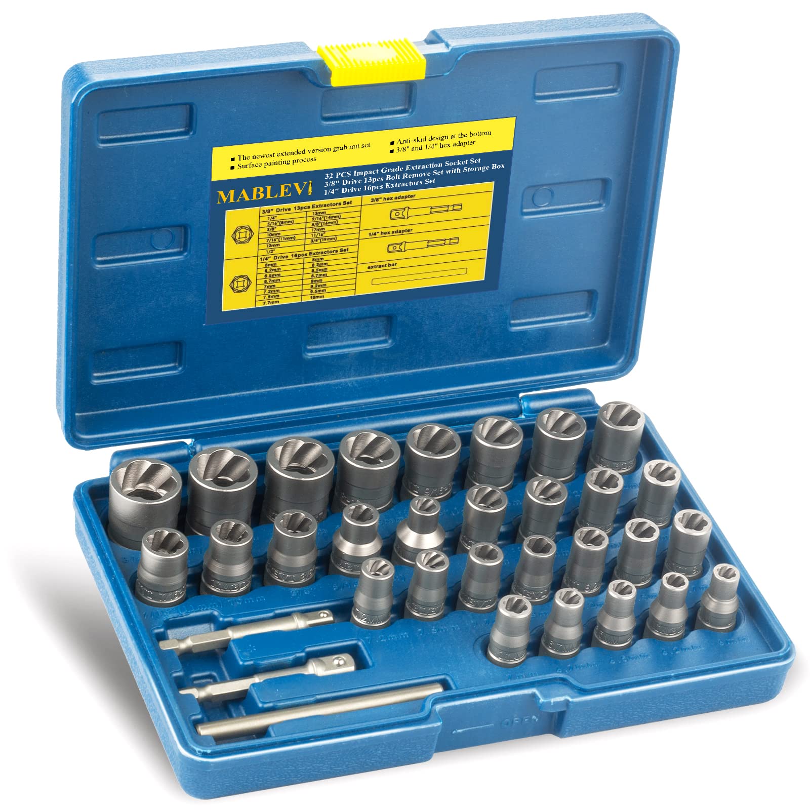 Photo 1 of MABLEVI 32PCS Bolt Extractor Set, Upgrade Impact Bolt & Nut Remover Set, Stripped Lug Nut Remover, Extraction Socket Set for Removing Damaged, Frozen, Rusted, Rounded-Off Bolts, Nuts & Screws