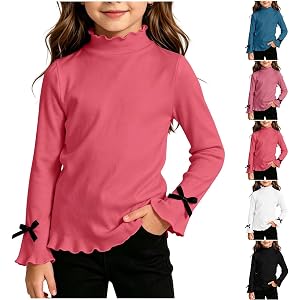 Girls Long Sleeve Shirts Mock Neck Cable Knit Bow Ruffed Layer Undershirts | soft comfy mock neck bow detail ruffle cuff laye