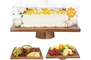 Krbnk 17" Rectangular Acacia Wood Cake Stand with Lid, 2-In-1 Charcuterie Board & Dessert Display, Shatterproof Acrylic Cake 