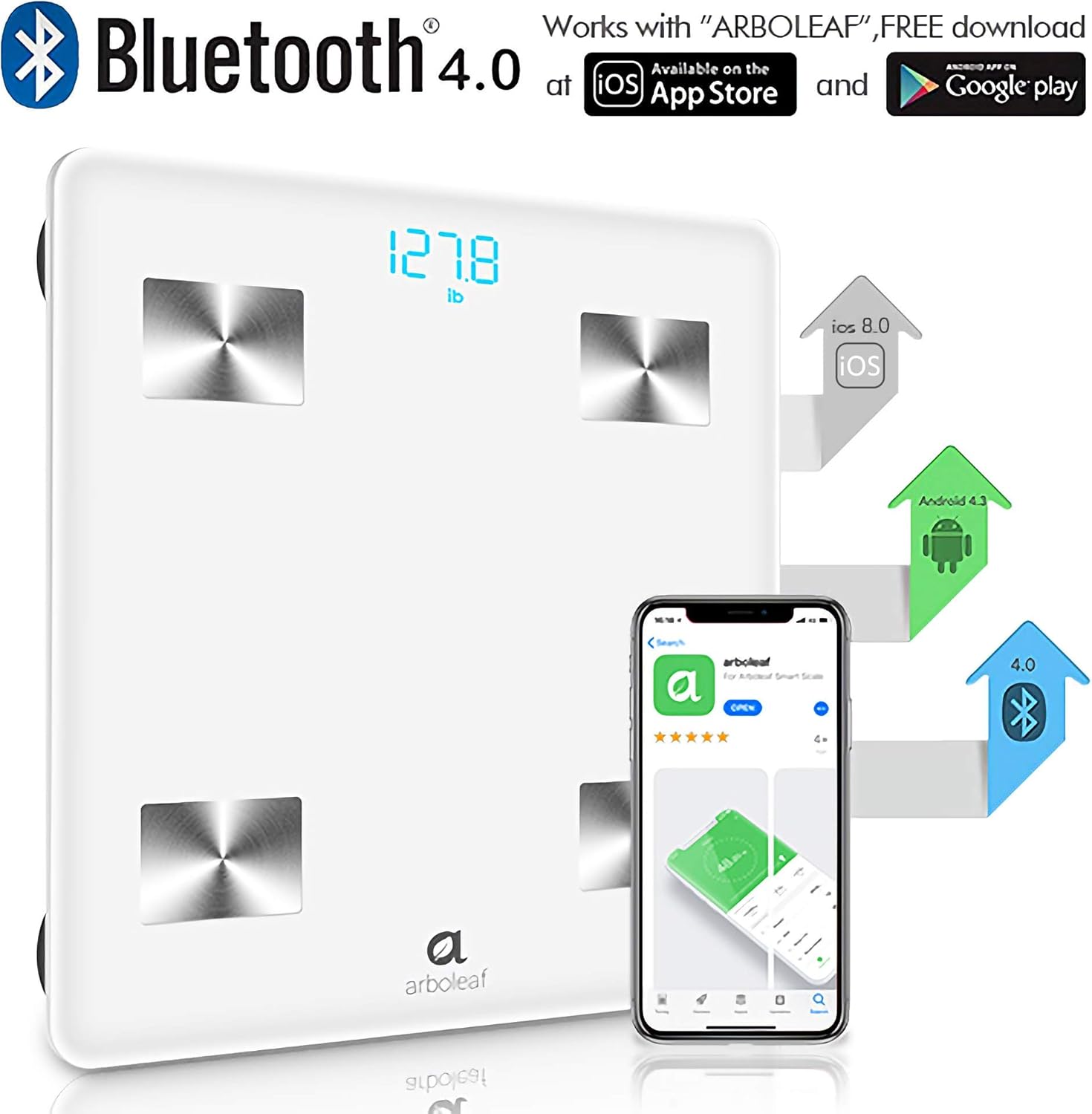 Arboleaf Digital Scale - Bluetooth Smart Scale Bathroom Weight Scale, Body Fat Monitor, 10 Key Composition, iOS Android APP, Unlimited Users, Auto Recognition, BMI, BMR: Health & Personal Care