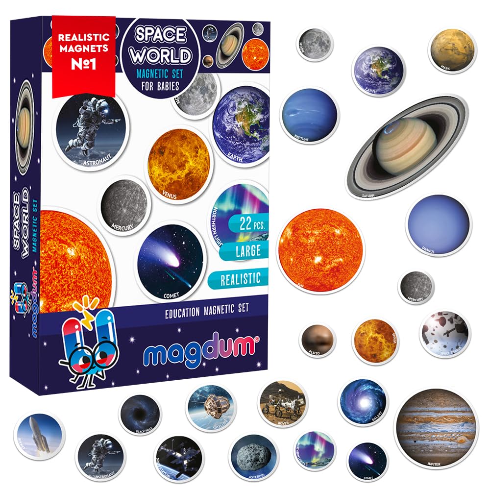 Solar System Magnets for Kids - Magdum - 22 Fridge Magnets - Space Learning Toy with Planets Astronaut & Rocket - Educational Preschool Science Set - Strong Durable Safe Magnets - Gift