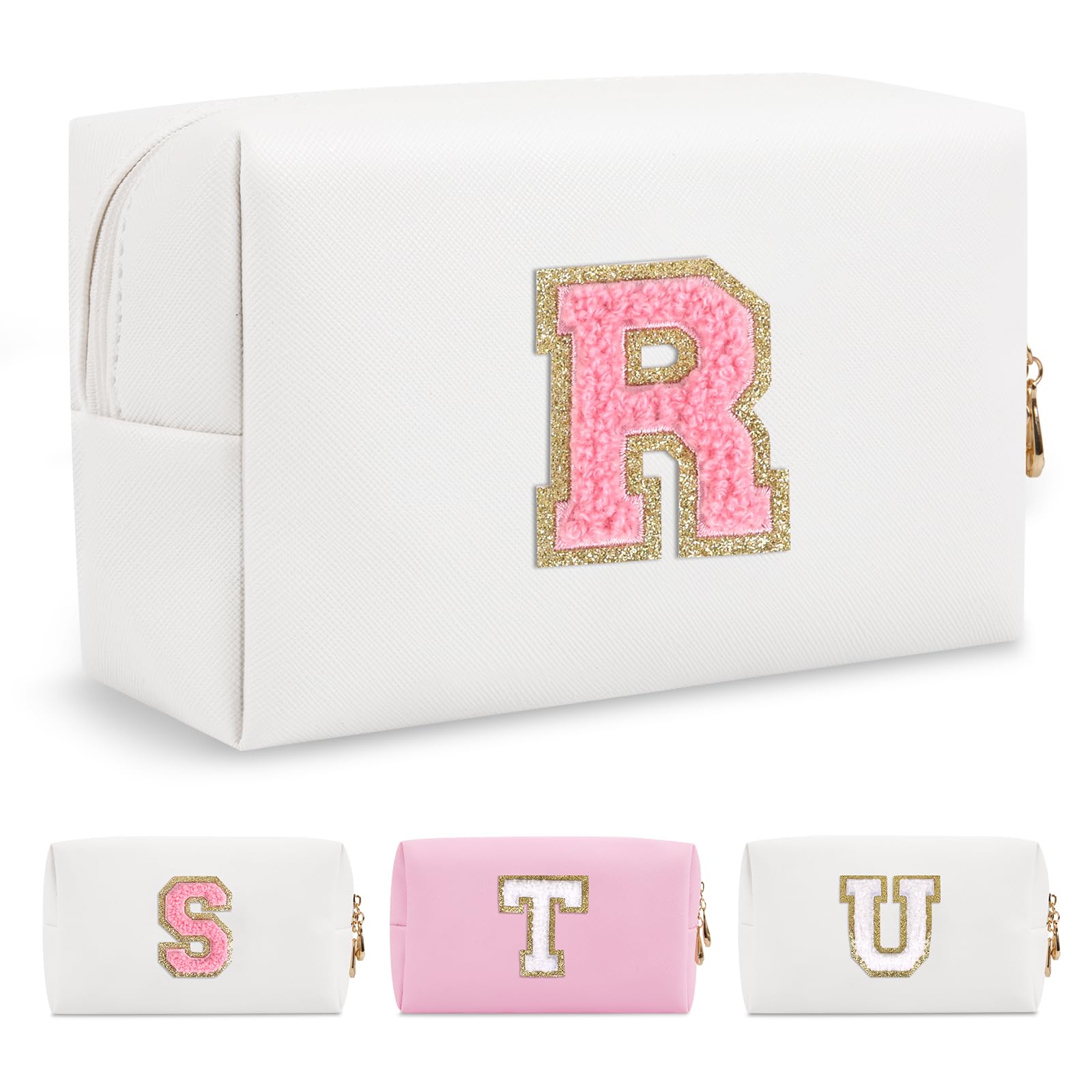 Photo 1 of Personalized Makeup Bag Initial A-Z Preppy Patch Bag,Small PU Leather Travel Cosmetic Bag Pouch with Zipper,White Cute Toiletry Bag,Gift Ideal for Teen Girls Women Birthday Friend Mom,Letter R