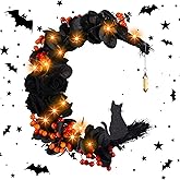 Ceenna Halloween Moon Cat Wreath with Rose Black Cat Door Cute Garland Light up Moon Wreath with Rose for Front Door Indoor Outdoor Window Farmhouse Porch Wall(Orange Berry)