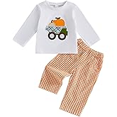 Sprifallbaby Halloween Baby Boy Outfit Pumpkin Long Sleeve Shirt Tops Plaid Pants Set Toddler Kids Fall Halloween Clothes