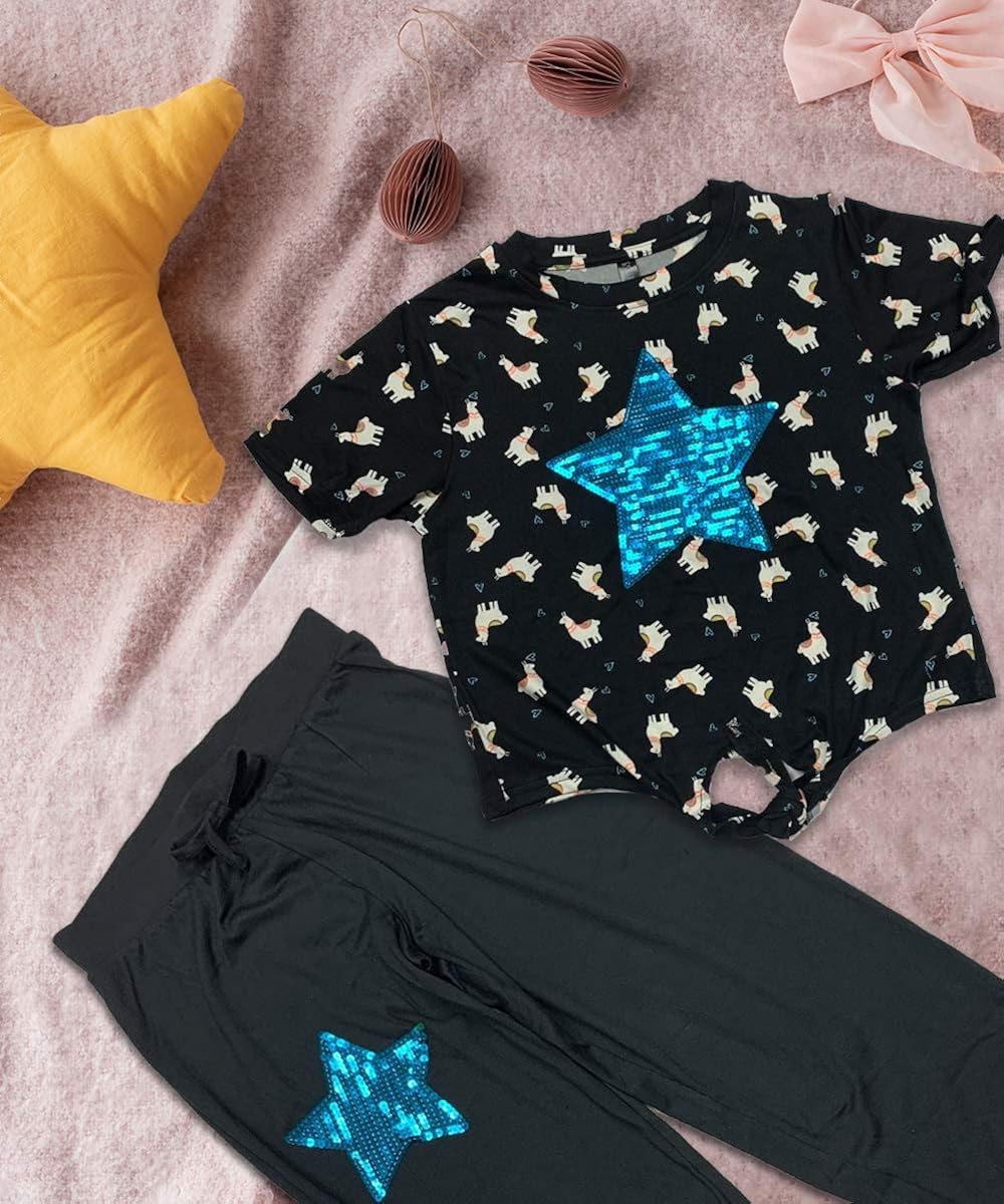 MISS POPULAR 6-Piece Set Girls Kids Sequins Applique Short Sleeve Tie Front T-Shirt with Jogger Pants Size 7-16: Clothing