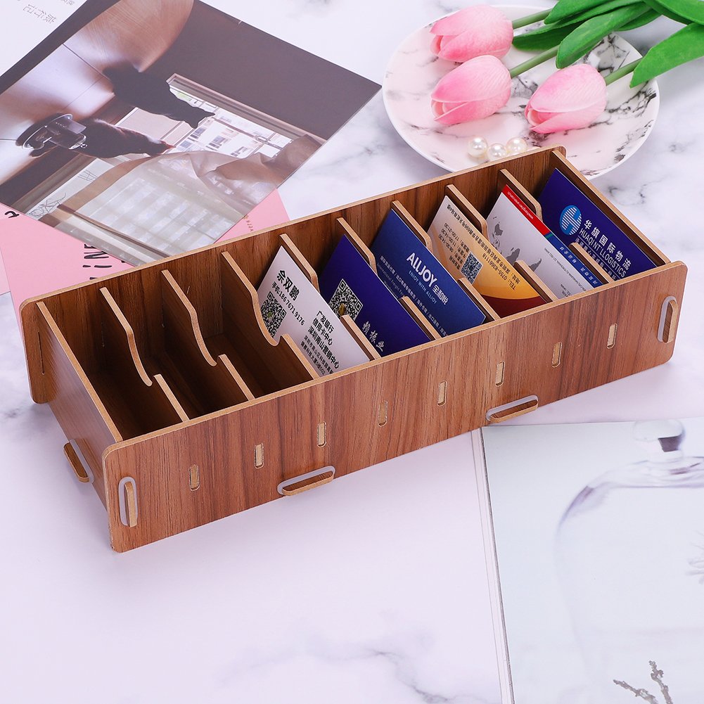 Wooden Desktop Business Card Holder Name Card Holder Organiser with Detachable 9 Slots Desk Card Storage Box Case Name Card Rack Display Stand Collection Organiser for Office Home Stationery Cosmetic