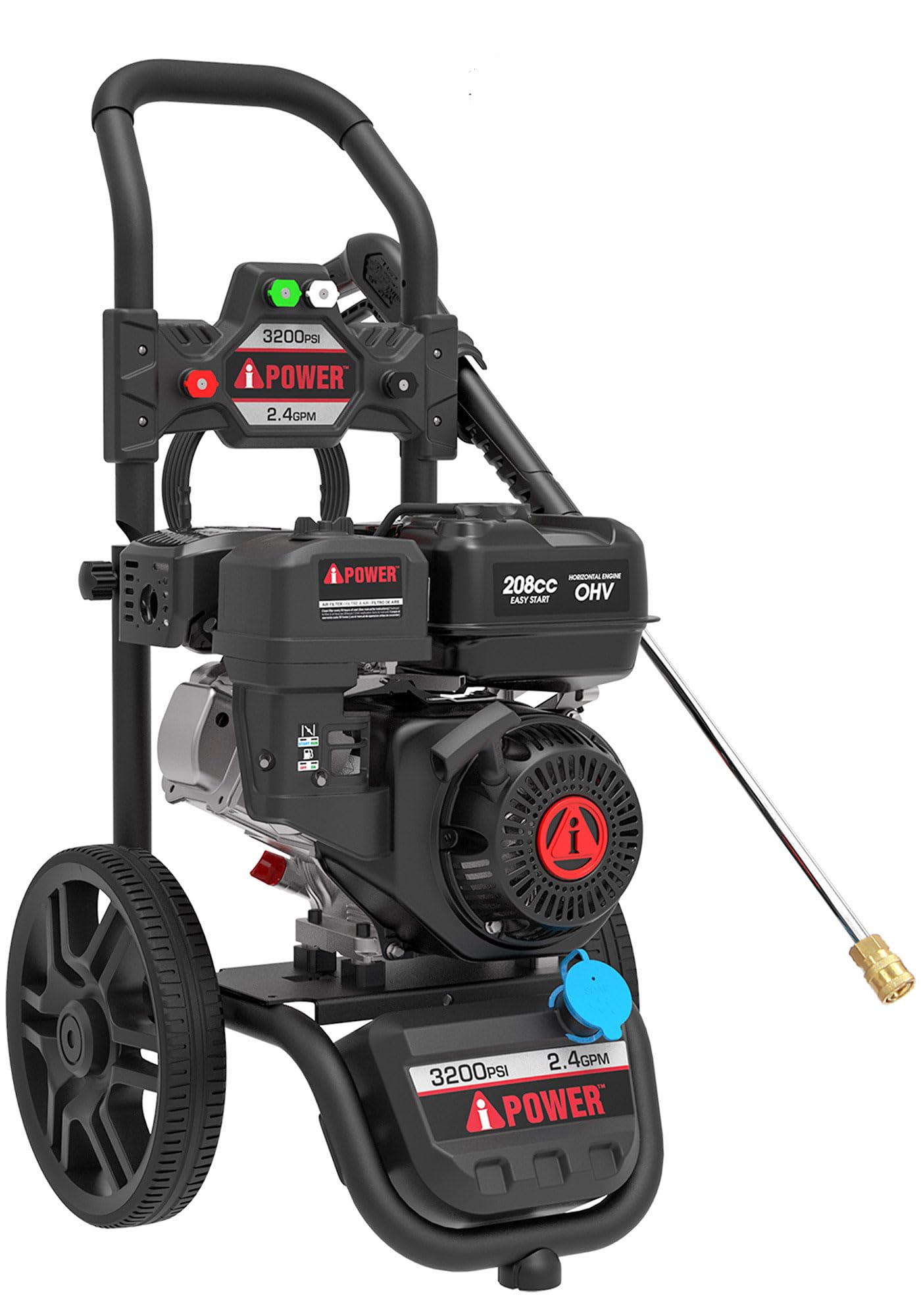 A-iPower Gas Pressure Washer 3200PSI 2.4 GPM, Onboard Soap Tank, 12'' Wheels, with Spray Gun and 4 Quick Connect Nozzles, for Fence/Cars/Driveways/Homes/Patios (PWF3201SH) Image A-iPower Gas Pressure Washer 3200PSI 2.4 GPM, Onboard Soap Tank, 12'' Wheels, with Spray Gun and 4 Quick Connect Nozzles, for Fence/Cars/Driveways/Homes/Patios (PWF3201SH) Image