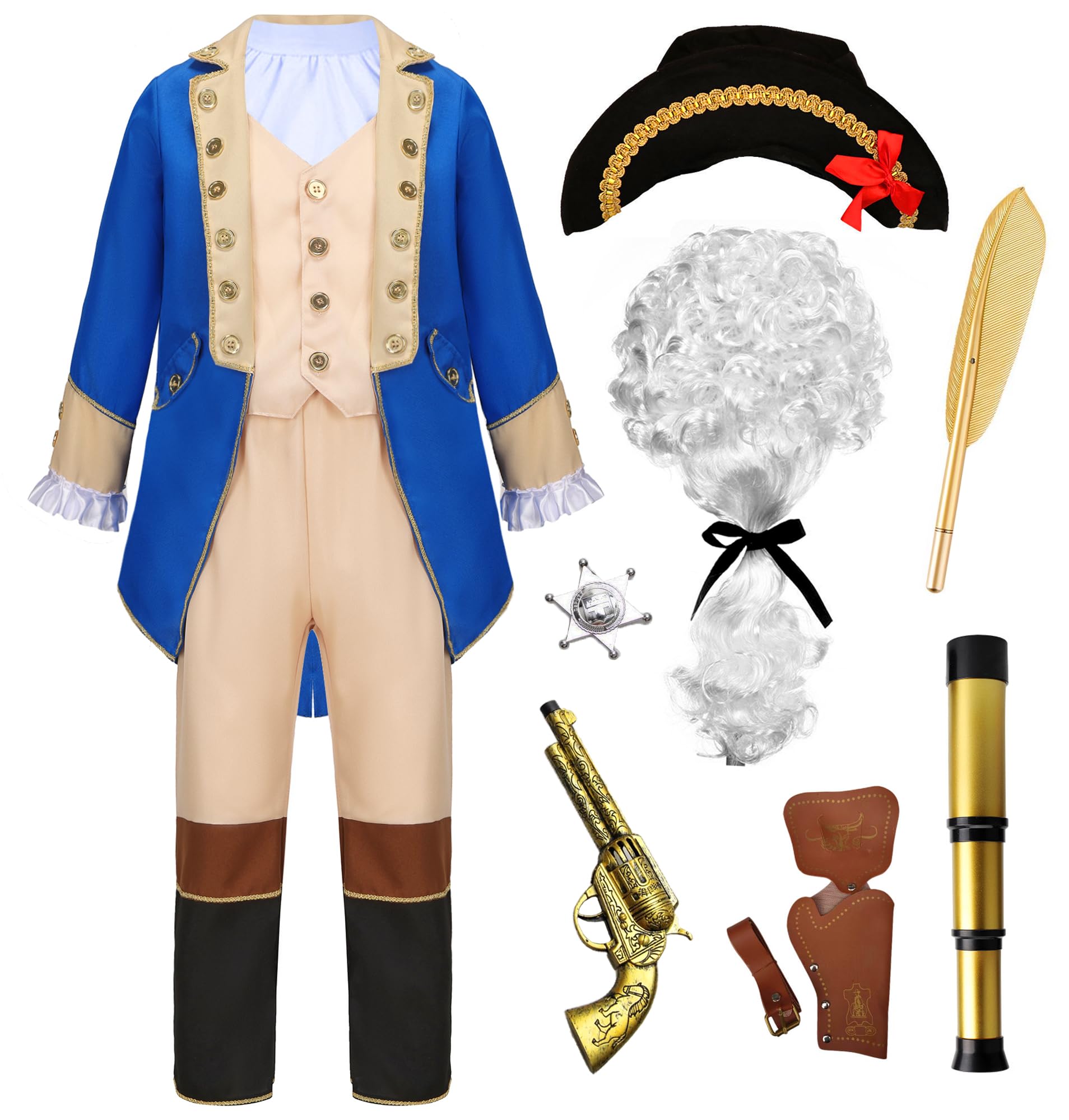 Photo 1 of Mecamelon Washington Costume Boys Hamilton American Colonial Patriot Uniform with Wig (Blue, 11-12 Years)