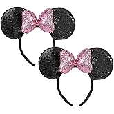 CHuangQi Mouse Ears Shiny Headbands 3D Bow (Pack of 2), Double-sided Sequins Hair Band for Birthday Party/Holiday Dress Up/Amusement Park (Pink Bow Black Ear)
