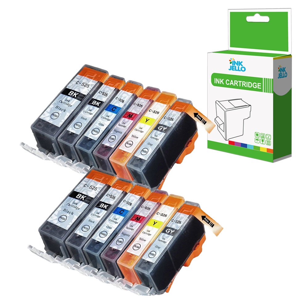 InkJello Ink Cartridge For Printer, Compatible With Canon Pixma MG6150 MG6250 MG8150 MG8170 MG8250 PGI525 CLI526 (Black/Cyan/Magenta/Yellow/Grey, 12-Pack)