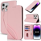 Jaorty for iPhone 14 Pro Max 5G Phone Case Wallet with Wrist Strap,Wallet Case for iPhone 14 Pro Max with Card Holder for Women,Cash Pocket PU Leather Magnetic with Kickstand,6.7" Lichi Pink