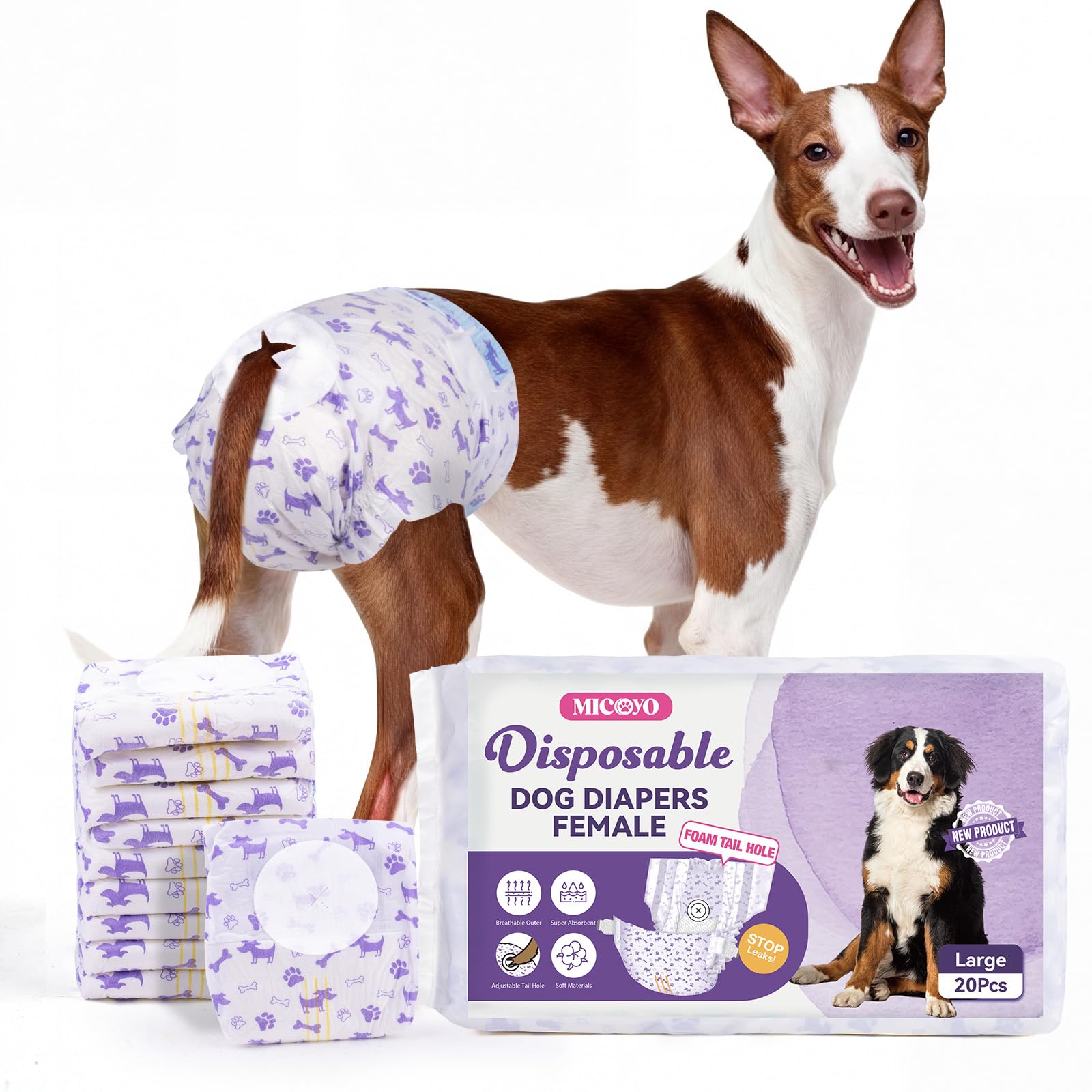 MICOOYO Dog Nappies Female 20 count, Disposable Dog Period Pants with Adjustable Tail Hole, Super Absorbent Diapers for Female Dogs Cat in Heat Season Incontinence(L)