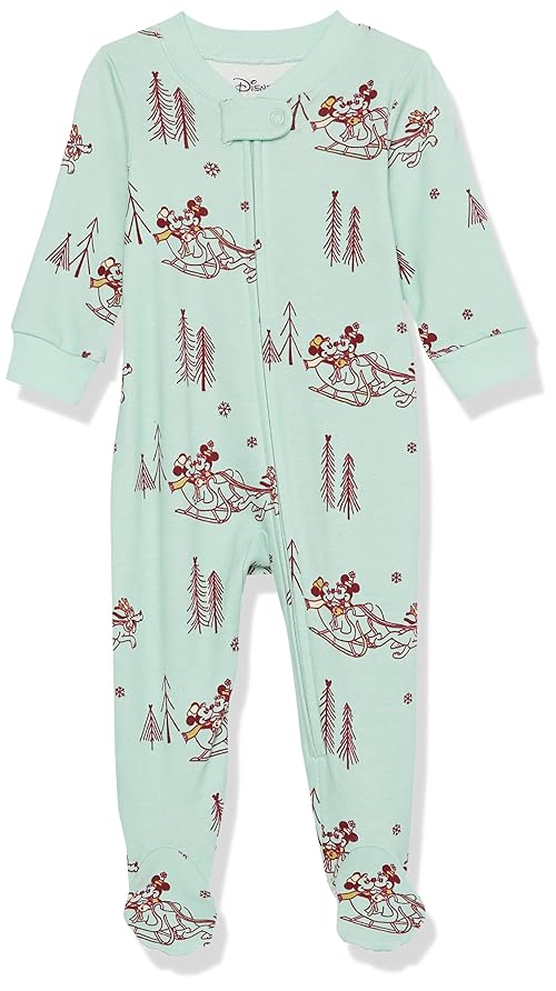 Amazon Essentials Disney | Marvel | Star Wars Unisex Babies' Snug-Fit Cotton Footed Pajamas, Mickey Winter - Baby Snug-fit, 0-3 Months