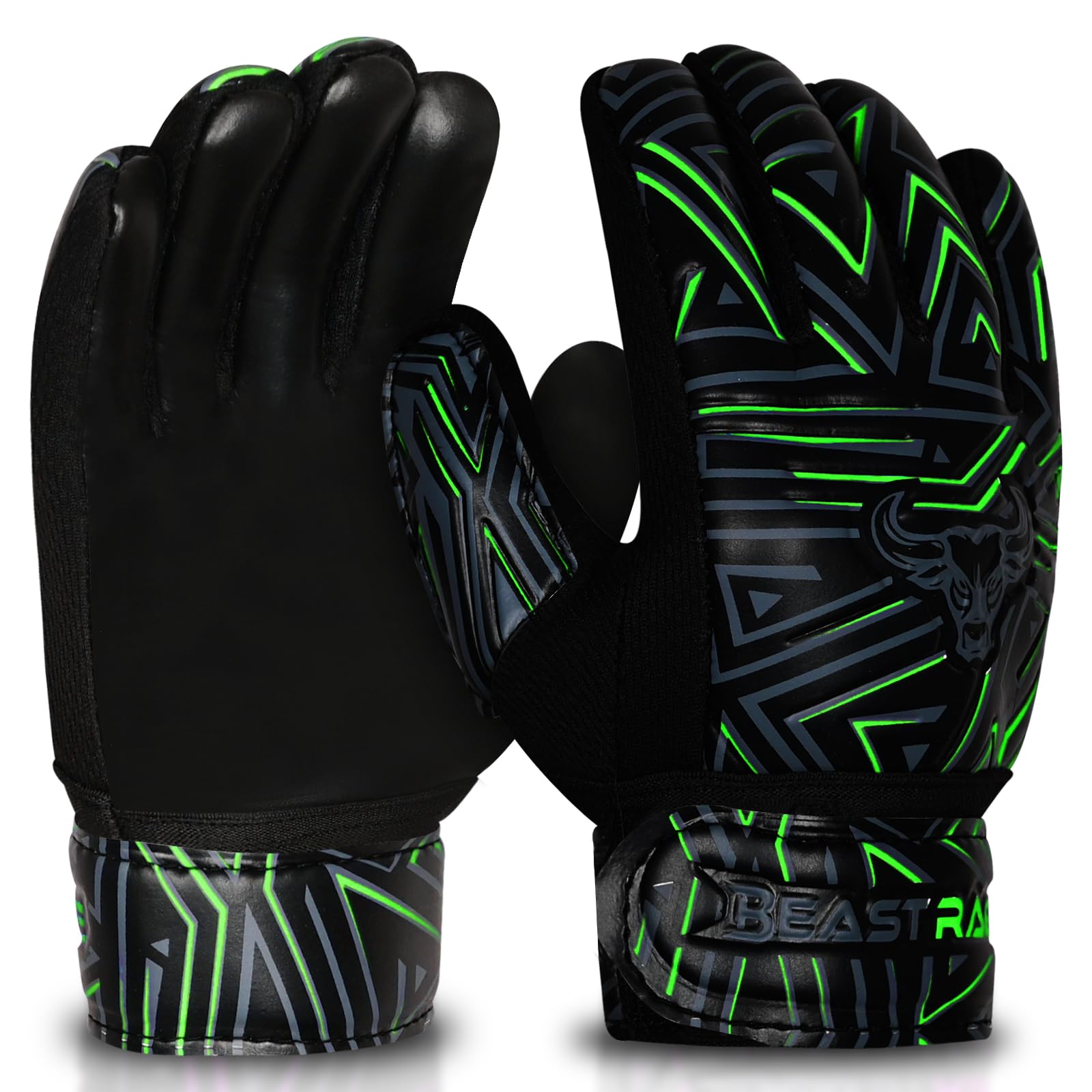 BEAST RAGE Youth Goalkeeper Gloves for Kids,Boys,Girls,Soccer Goalie Gloves Anti-Slip 3 + 3 MM Dumbo Grippy Palm,Extra Grip,Double Wrist Strap,Breathable Mesh (Green, Size 5)