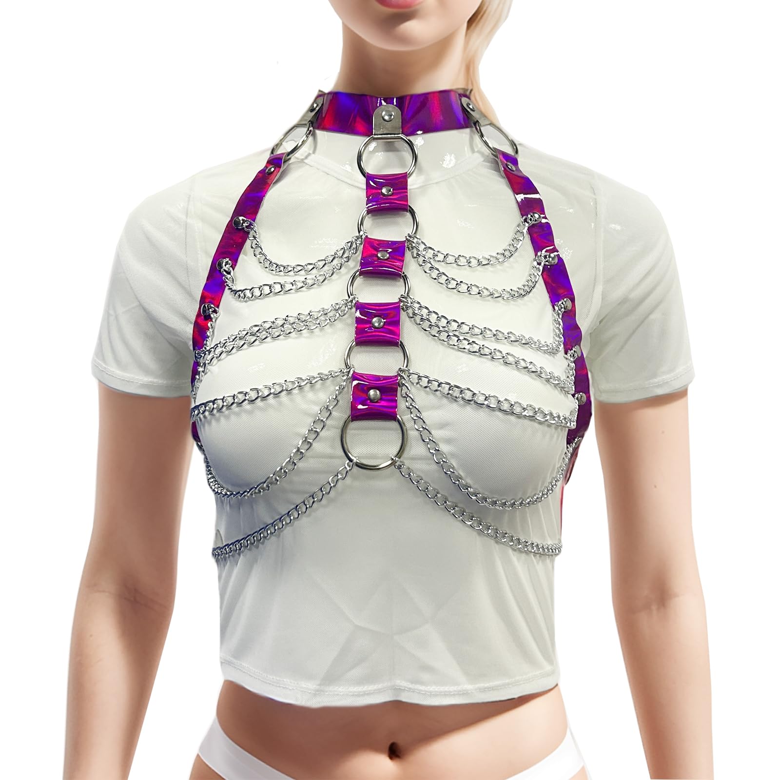 DRHOM Women's Gothic Chest Harness Costume Punk Body Harness Tops with Leather Collar and Metallic Tassel Chain (Purple, One Size)