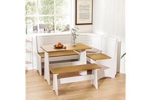 KOBY HOME Breakfast Nook Kitchen Corner Dining Table Bench Chair Set, Space-Saving 3-4 Seat L-Shape for Family Home White Light Wood