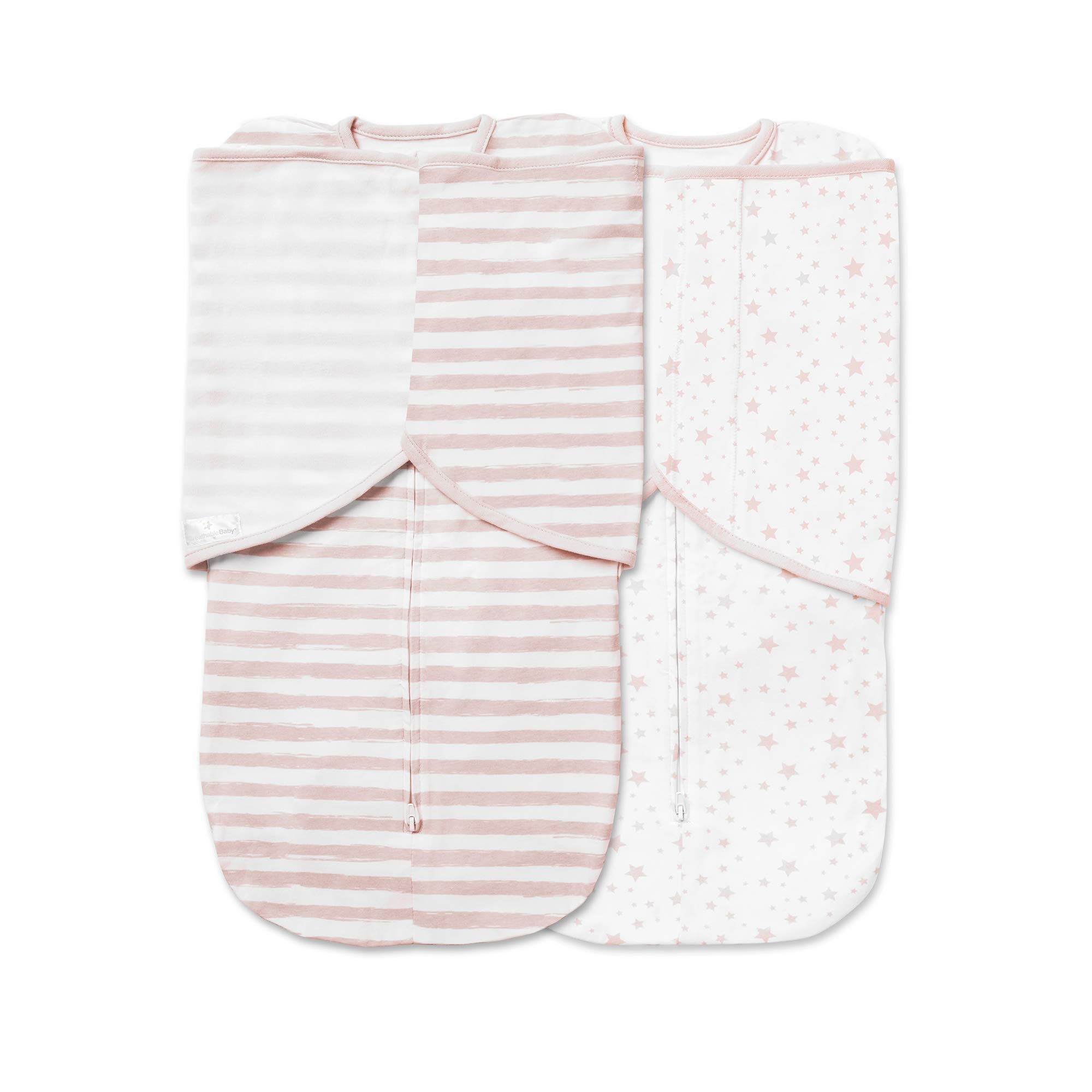 BreathableBaby Adjustable 3-in-1 Soft Premium Cotton Newborn Swaddle Trio Blanket & Wrap, (Infants 0-4 Months) – Pink Stars and Stripes