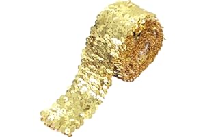 MECCANIXITY 2.2 Yards 2 Inch Elastic Sequins Trim 5 Row Flat Sequin Strip Paillette Sequins Fabric Ribbon for Crafts DIY Sequin Fringe Sewing, Gold