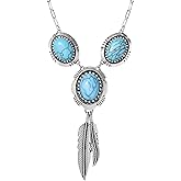 Jessica Simpson Feathers and Turquoise Necklace for Women 17"+3", Oxidized Silver-Plated Western Necklace for Women