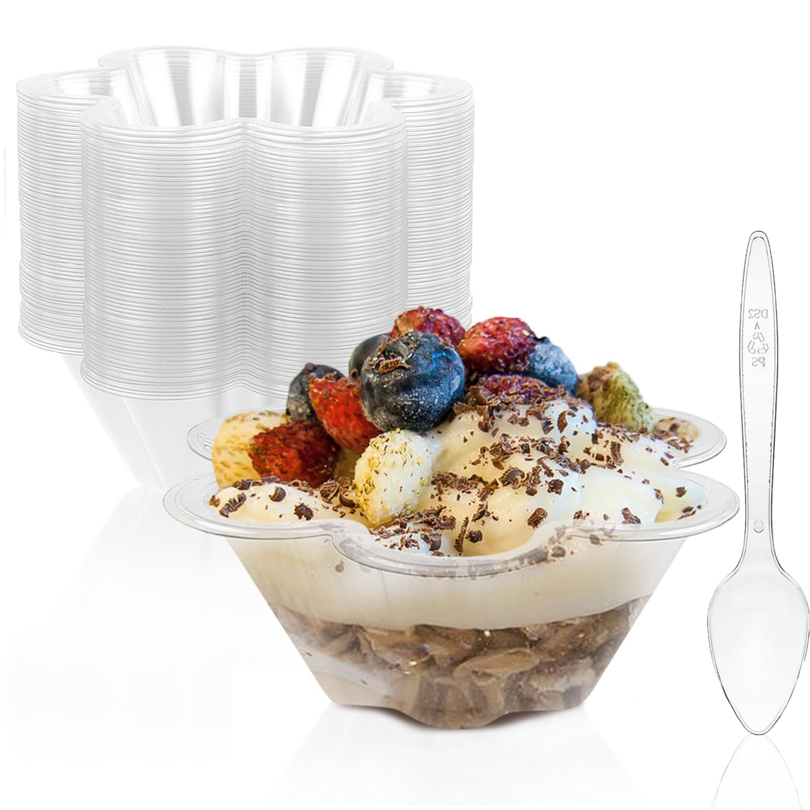 Photo 1 of TOFLEN 8 oz Dessert Cups with Spoons, 50 Pack Clear Plastic Small Party Serving Bowls for Sundae, Parfait, Fruit, Strawberry Shortcake, Disposable Snack Bowls (Flower Shape)