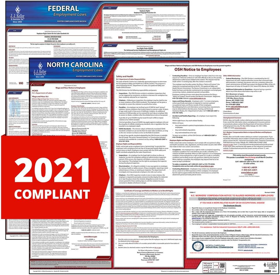 2021 North Carolina State and Federal Labor Law Poster Set (English, NC State) - OSHA Compliant Laminated Posters - J. J. Keller & Associates