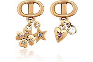 CEYFEY 18k Gold Retro French Asymmetric Lucky Charm Earrings - Clover, Star & Heart Charms with CZ Accents for Women - Fashion Dangle Earrings, Stylish Gift for Women