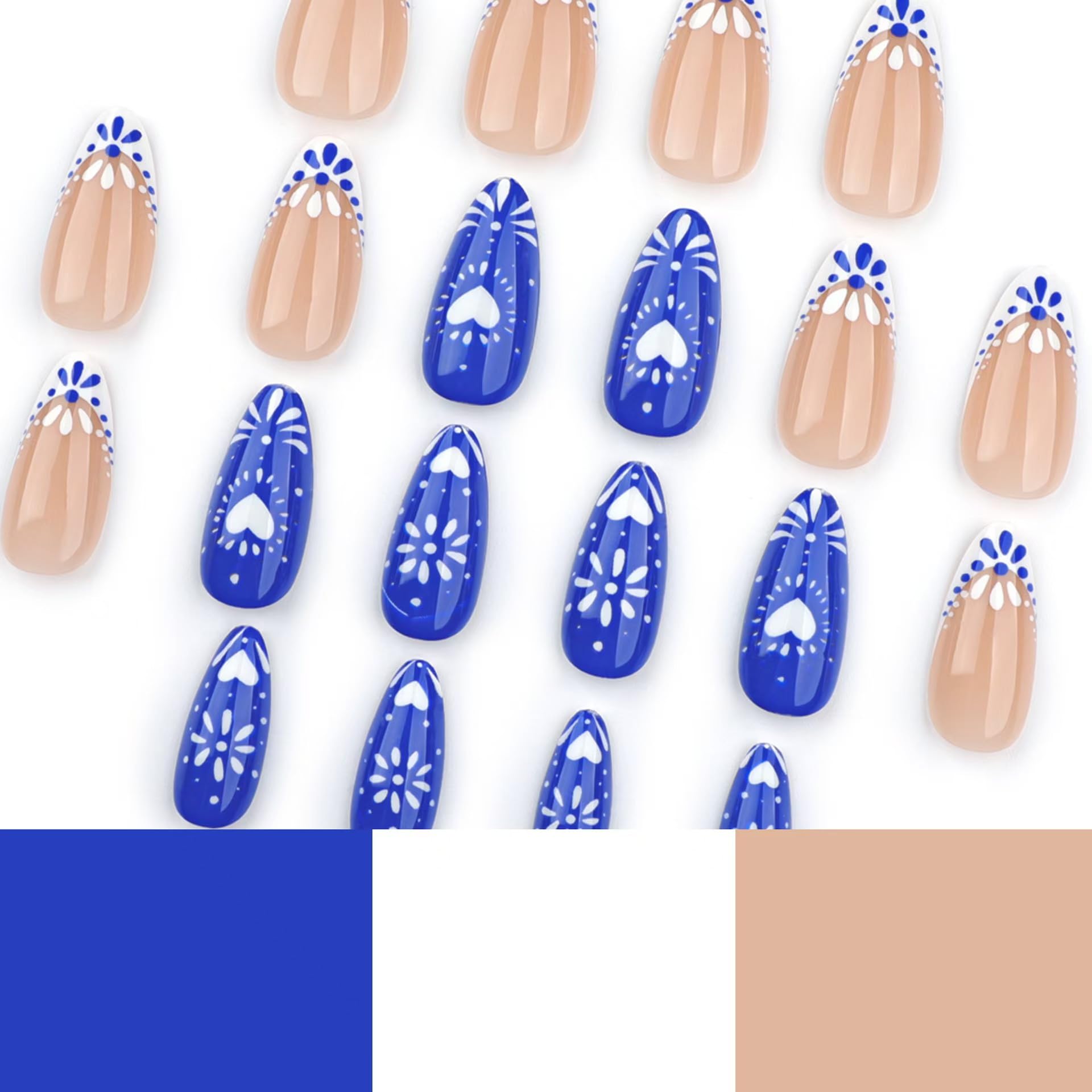Blue White Totem Press on Nails French Tip Fake Nails Short Almond False Nails with Design Heart Glue on Nails Glossy Artificial Acrylic Full Cover Nude Stick on Nails for Women Manicure 24Pcs - Image 3